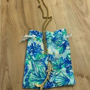 Lilly Pulitzer Gold Fish Necklace with Blue and Green Pouch
